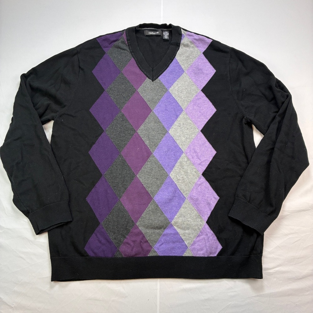 Claiborne Men’s Black and Purple Argyle Sweater